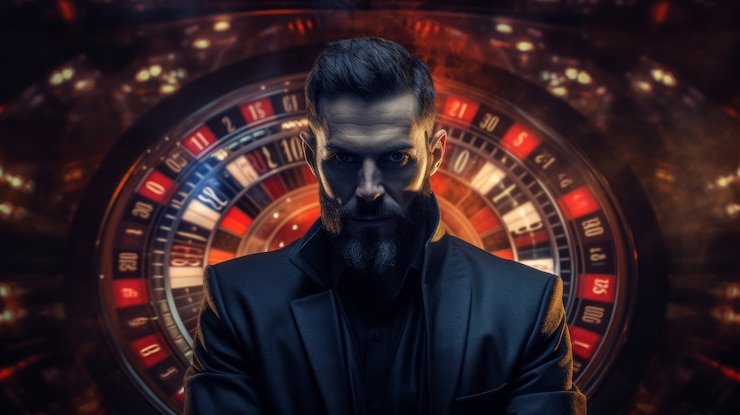High Roller poker player focused on game with bright electronics